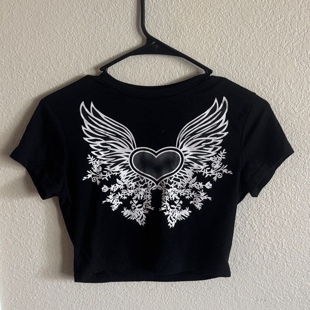 SHEIN Black Crop Top with White Winged Heart Design